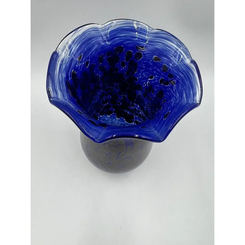 Handblown Art‎ Glass Vase Blue Signed Ruffled